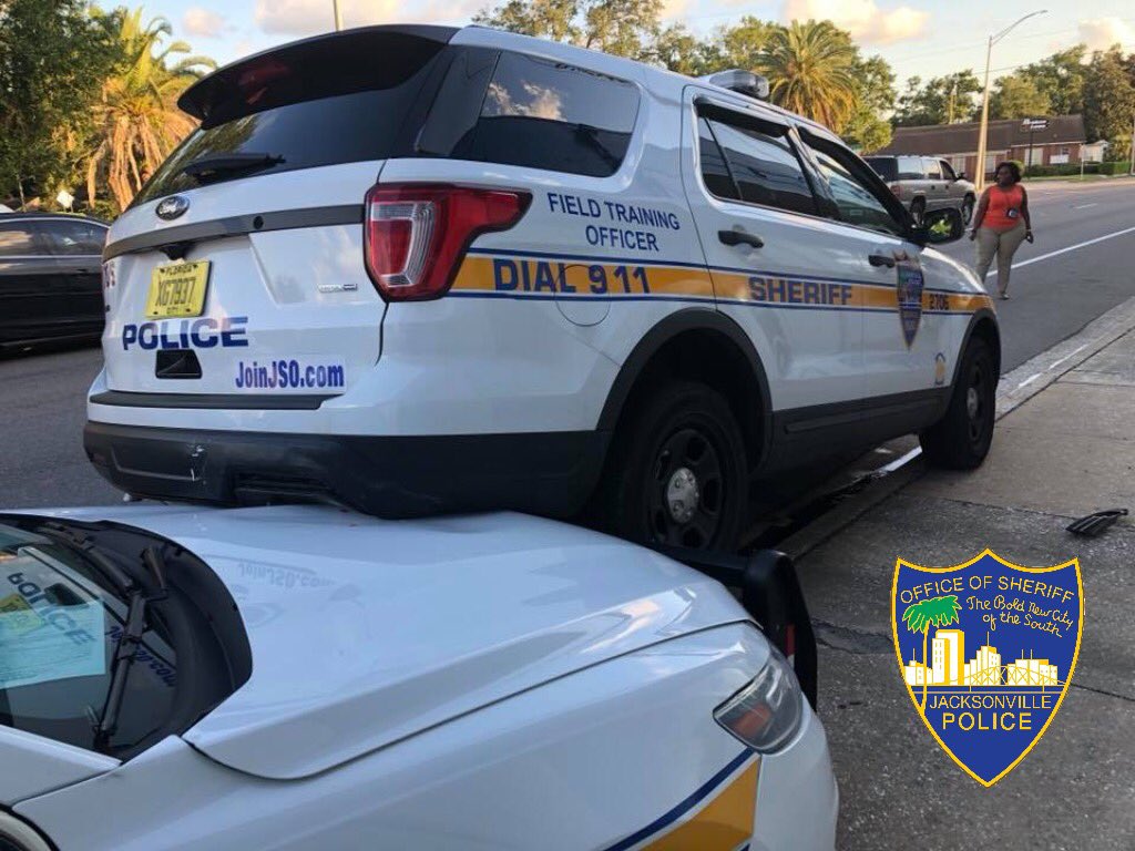 When two police vehicles are parked on the side of Blanding Blvd. and a drunk driver drives right into them.  Fortunately the officers had just got out of their vehicles 30 seconds before the crash occurred. Drunk driver was arrested.   