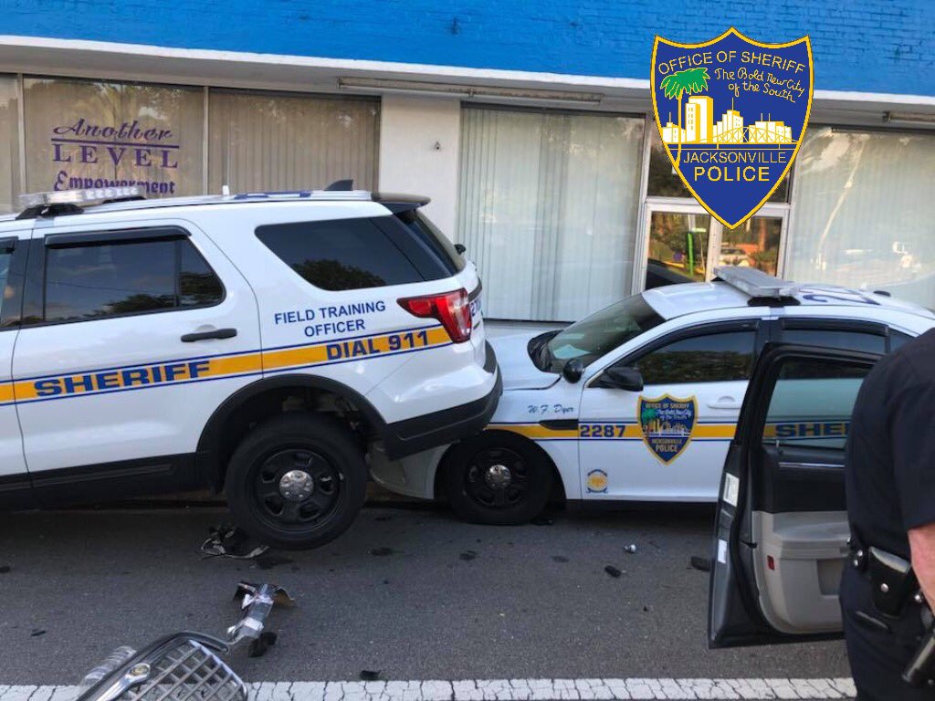 When two police vehicles are parked on the side of Blanding Blvd. and a drunk driver drives right into them.  Fortunately the officers had just got out of their vehicles 30 seconds before the crash occurred. Drunk driver was arrested.   
