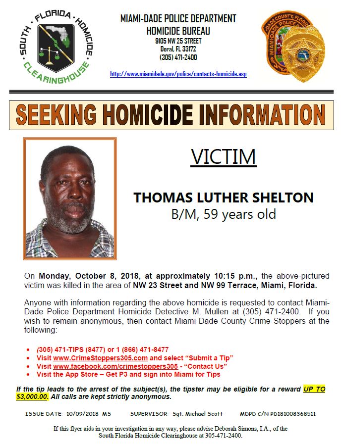Thomas Luther Shelton was killed in the area of NW 23 Street and NW 99 Terrace