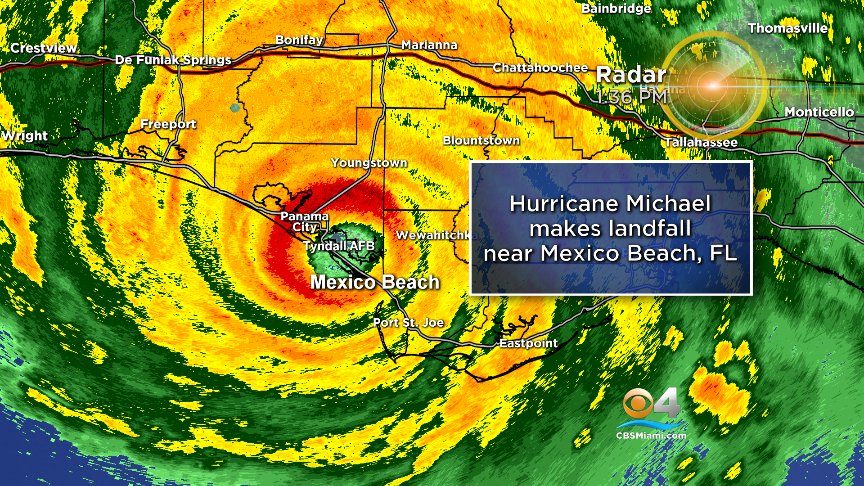 Michael makes landfall near Mexico Beach, FL with max. sustained winds at 155mph. The Category 4 Hurricane is producing life-threatening storm surge, hurricane-force winds, heavy rainfall and tornadoes as it continues to impact the Panhandle. 