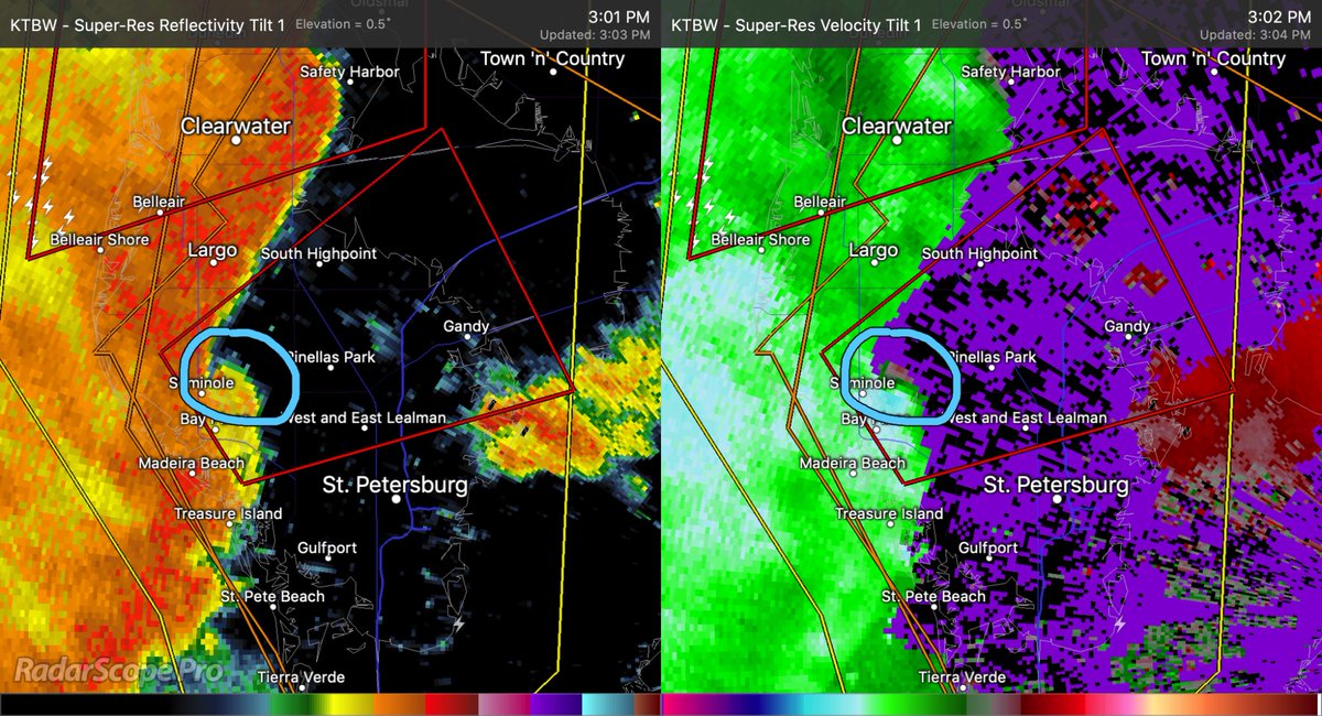 DEFINITELY seeing radar-indicated rotation in the Pinellas Park area. @NWSTampaBay says people on the Gandy/Howard Frankland bridges need  this storm closely.  New warning posted for central Pinellas. FLwx   