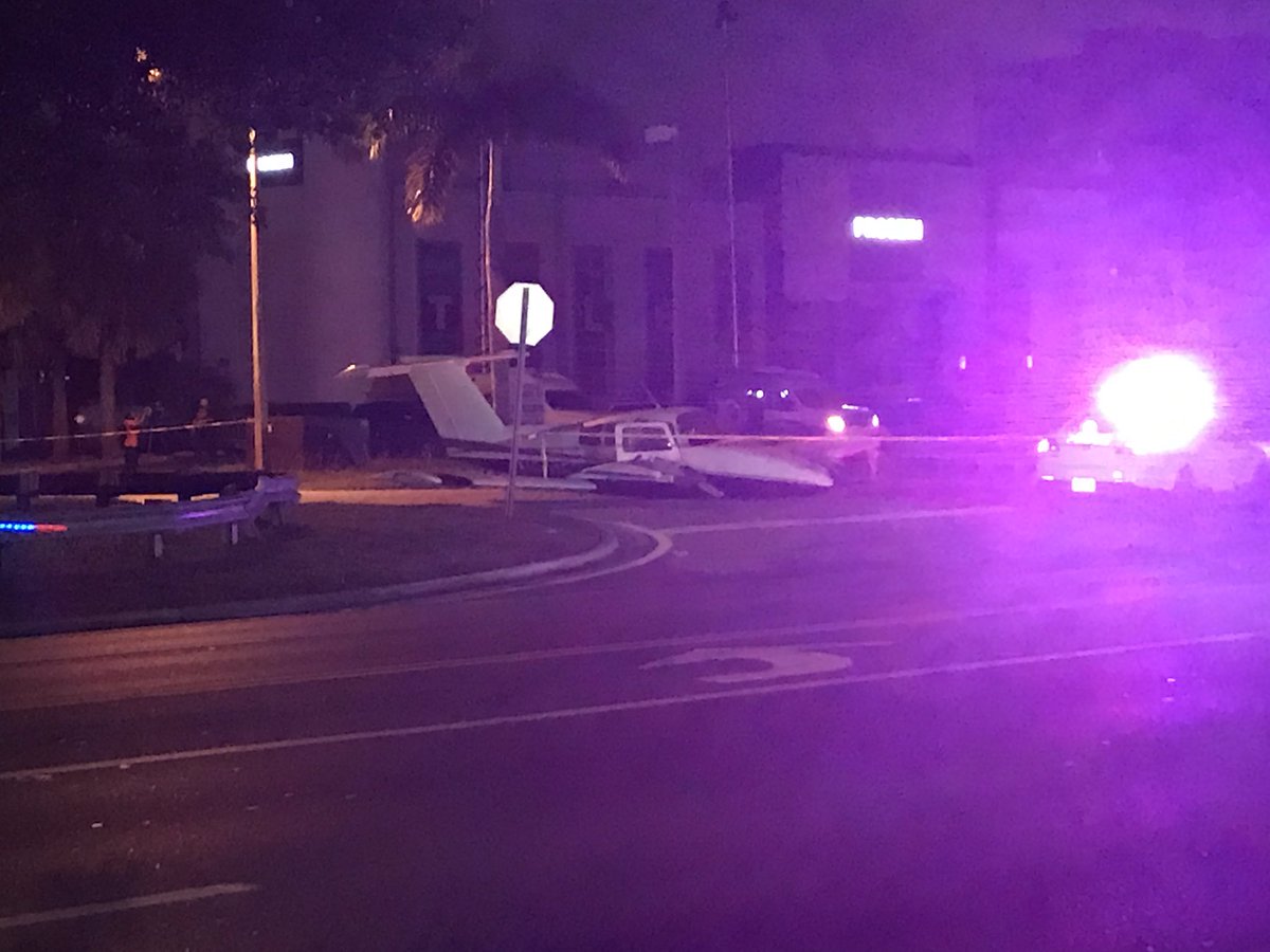 A small plane remains in the road after it crashed on busy 25th street west of 87th Ave in Doral Sunday night. A pilot and passenger were on board, no one was injured. Neither was anyone on the ground