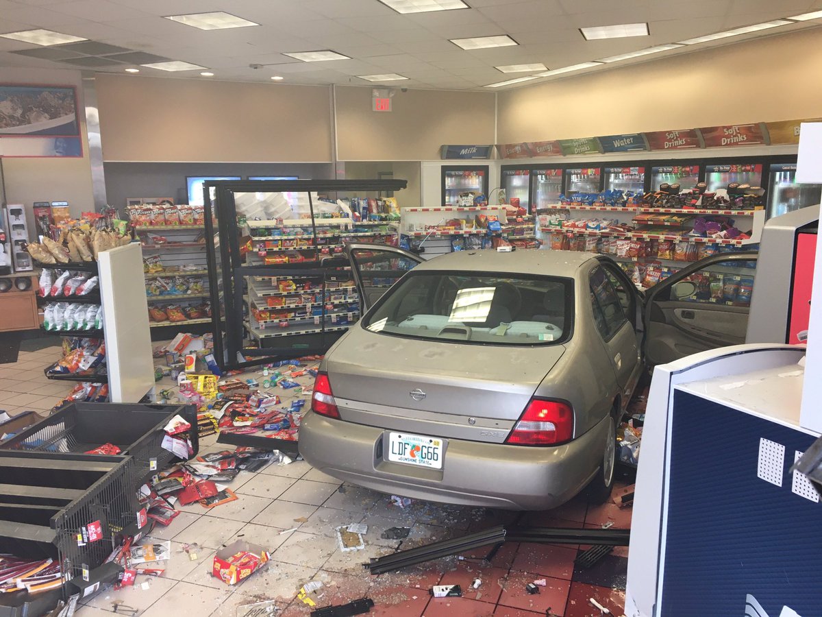 Scene of a call where a car crashed into a convenience store at 2577 Harn Blvd. Thankfully, there are no injuries.   The car went through the front doors and totally into the store