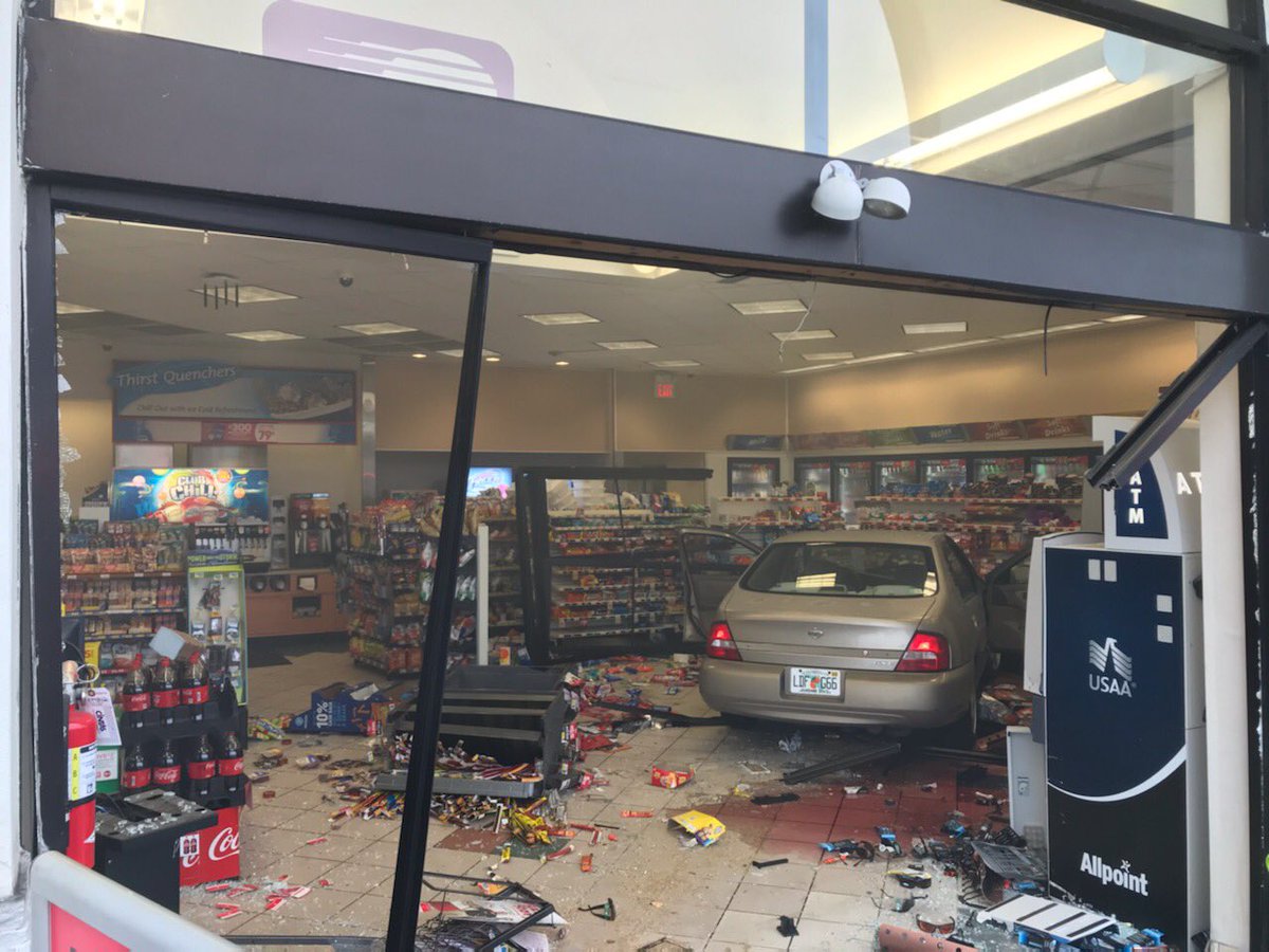 Scene of a call where a car crashed into a convenience store at 2577 Harn Blvd. Thankfully, there are no injuries.   The car went through the front doors and totally into the store