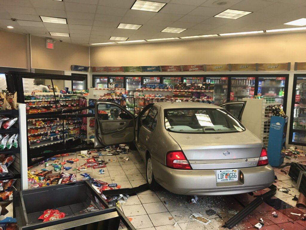 Scene of a call where a car crashed into a convenience store at 2577 Harn Blvd. Thankfully, there are no injuries.   The car went through the front doors and totally into the store