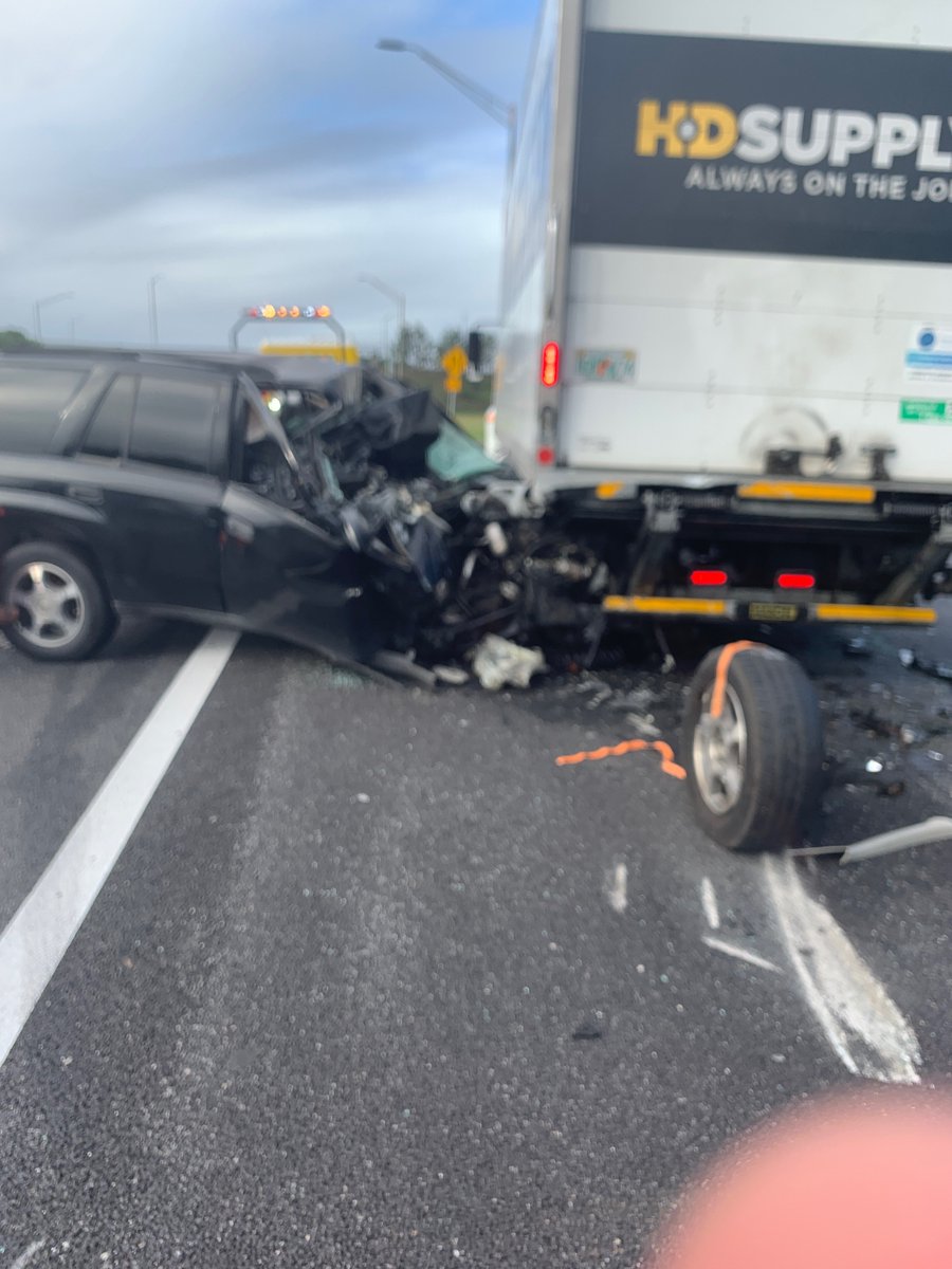 The driver of the Chevy should be dead, said Lt. Kim Montes with @FHPOrlando after seeing the pictures. Seat belts saved his life.  A 16-year-old on a learner's permit crashed into this parked box truck on the 408 westbound this morning