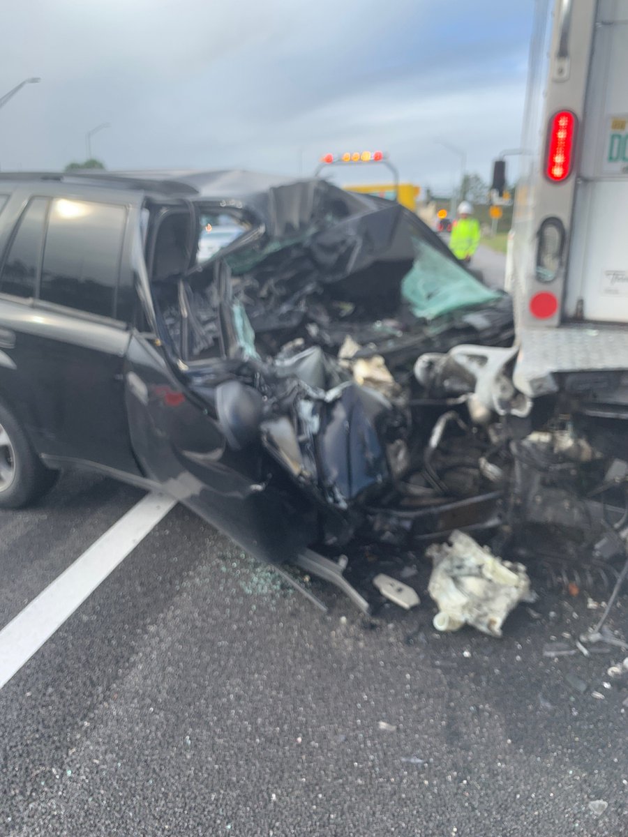 The driver of the Chevy should be dead, said Lt. Kim Montes with @FHPOrlando after seeing the pictures. Seat belts saved his life.  A 16-year-old on a learner's permit crashed into this parked box truck on the 408 westbound this morning
