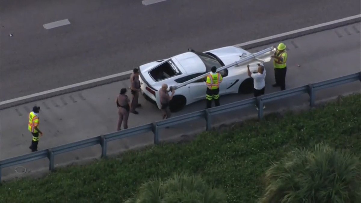 Investigators in South Florida said a road sign ended up lodged in the rear window of a Corvette.