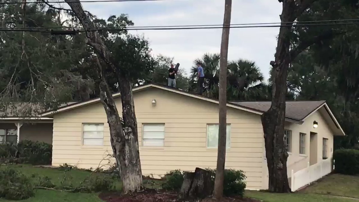 People are already up on roofs doing temporary repairs after tornado reports to the National Weather Service by the @VolusiaSheriff. This is all surrounding Melching Field, which was also damaged