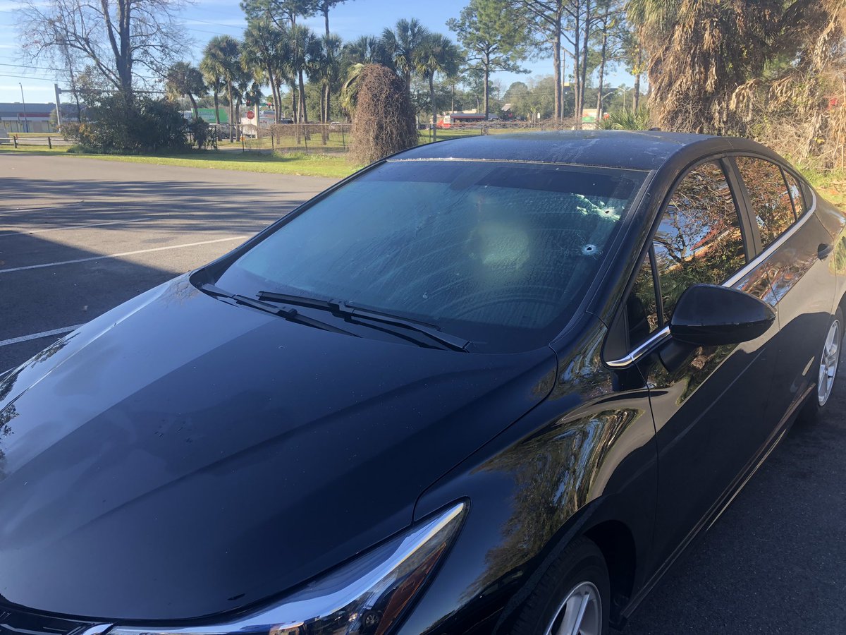 Bullet holes in a windshield at the Baytree apartments where someone was shot this morning. JSO hasn't said if it was a man or woman hurt. 