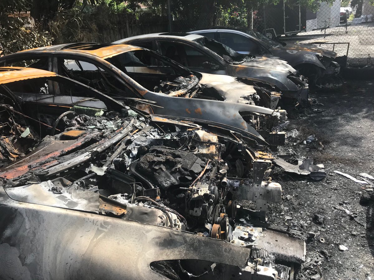 A total of nine vehicles were scorched in the incident at the O&D car dealership on Northeast 28th Street and Seventh Terrace.