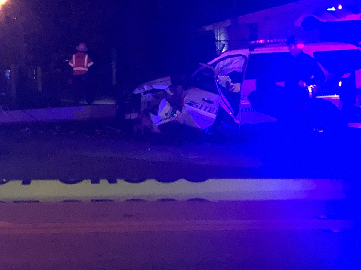 Orange County Deputy involved crash, split the power pole in half at Colonial & Powers. Dispatchers tell deputy is ok. A witness doing laundry across the street says he pulled him out of the cruiser