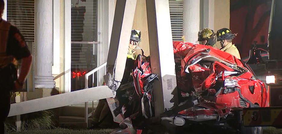 Here's a closer look at one of the cars involved in the crash - it appears to have knocked over a utility pole.