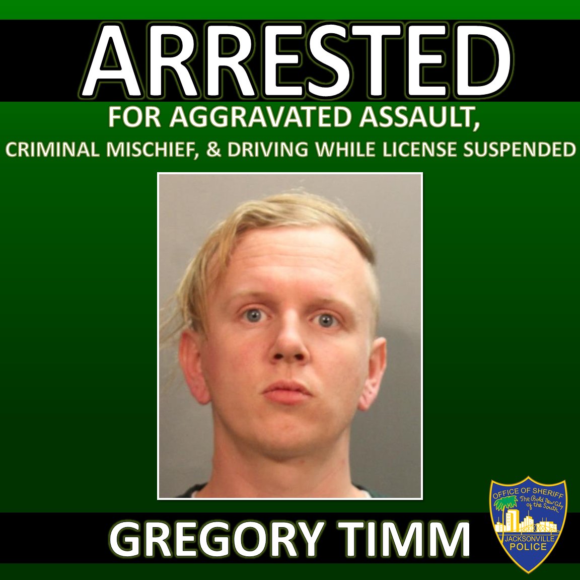 Jax Sheriff's Office:JSO has arrested the suspect who drove through the voter registration tent in the area of 11900 Atlantic Boulevard.  Gregory Timm has been charged with Aggravated Assault, Criminal Mischief, and Driving While Driver's License Suspended