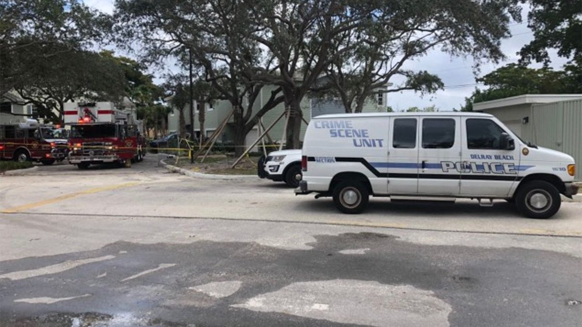 ElrayBeachPD Crime Scene Unit just arrived at scene of apartment fire at Bahia Delray community. When crews arrived, they saw flames and smoke shooting out of the front door of an apartment.