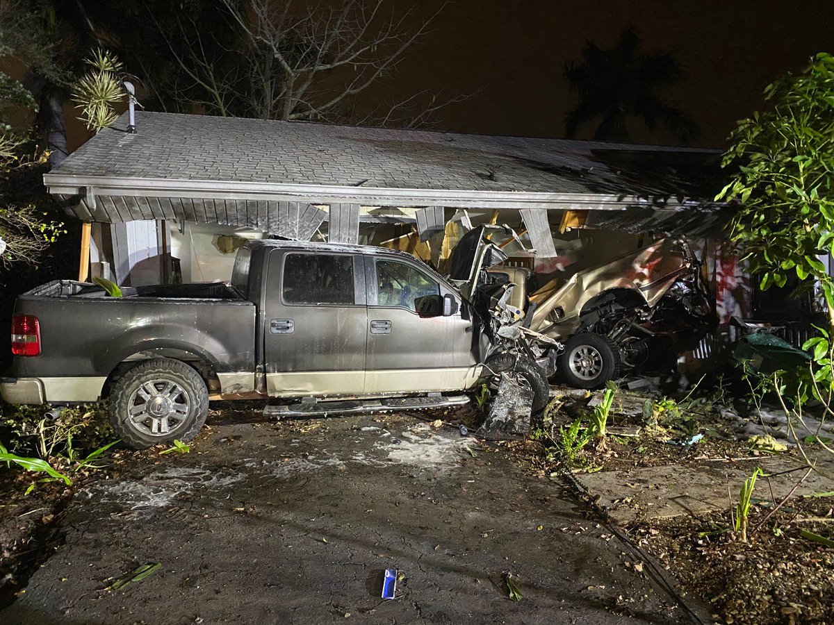 While fleeing from an earlier crash with  injury, this Ford F150 struck a Toyota Tundra parked in a Golden Gate residents drive,pushing the truck into the home, injuring the resident. The driver fled on foot, plz contact FHP with any tips