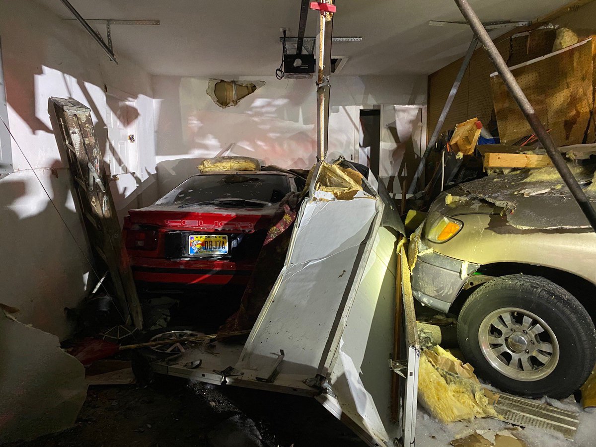 While fleeing from an earlier crash with  injury, this Ford F150 struck a Toyota Tundra parked in a Golden Gate residents drive,pushing the truck into the home, injuring the resident. The driver fled on foot, plz contact FHP with any tips