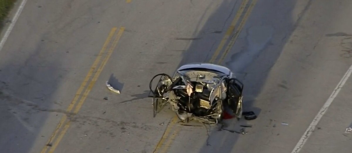 Serious crash in PompanoBeach splits a car in half. A woman  rollerblading nearby was hit and killed. near the Pompano Beach Air Park.