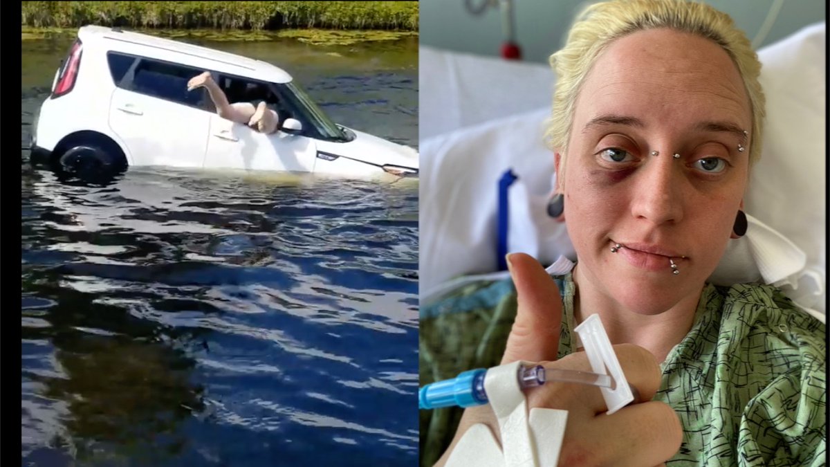 The woman saved from a sinking car in West Boca Raton says she is a little wobbly but is glad to be alive. She thanks the people who ran into the water to save her while she was unconscious.