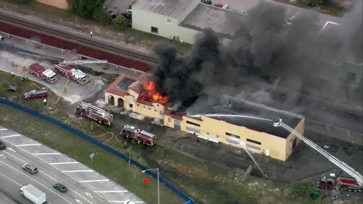 Firefighter taken to hospital with non-life threatening injuries after battling train station fire in Delray Beach.  