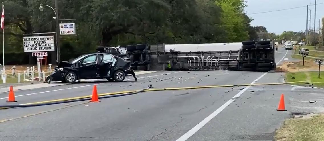 Florida Highway Patrol says the incident involved three vehicles and the tanker was carrying about 7,300 gallons of gas. Everyone involved only had minor injuries.