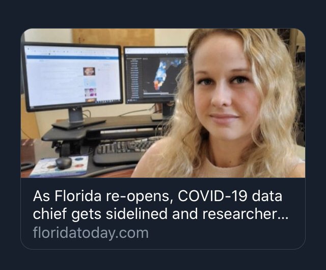 The data scientist who designed Florida's COVID19 dashboard — a mobile friendly, intuitive display of the outbreak — has been removed from her position because she refused to censor data and manipulate numbers to generate support for reopening, she says