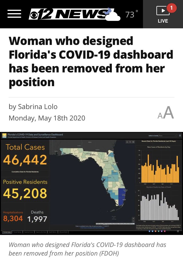 The data scientist who designed Florida's COVID19 dashboard — a mobile friendly, intuitive display of the outbreak — has been removed from her position because she refused to censor data and manipulate numbers to generate support for reopening, she says