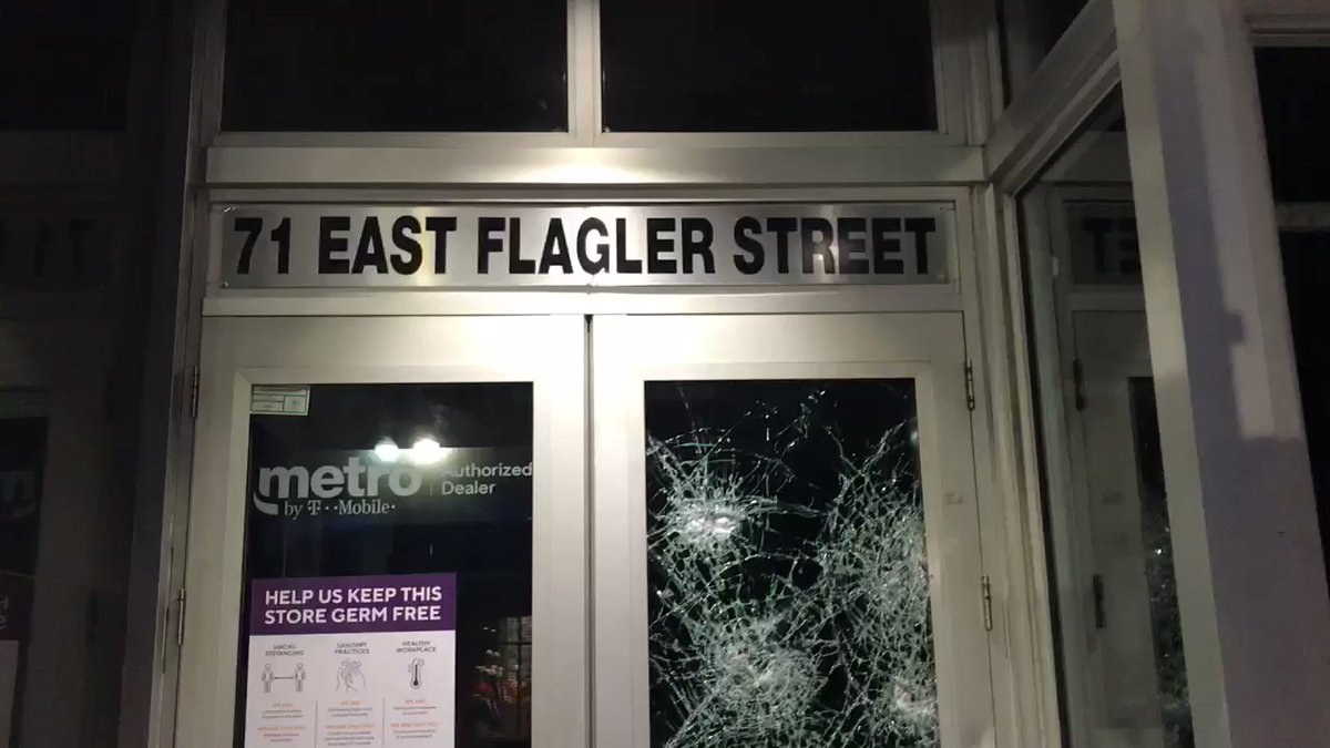 Some of the damage we’re seeing in Downtown Miami this morning after yesterday’s protests turned violent. This Metro store has shattered glass and it looks like some cell phones stolen inside