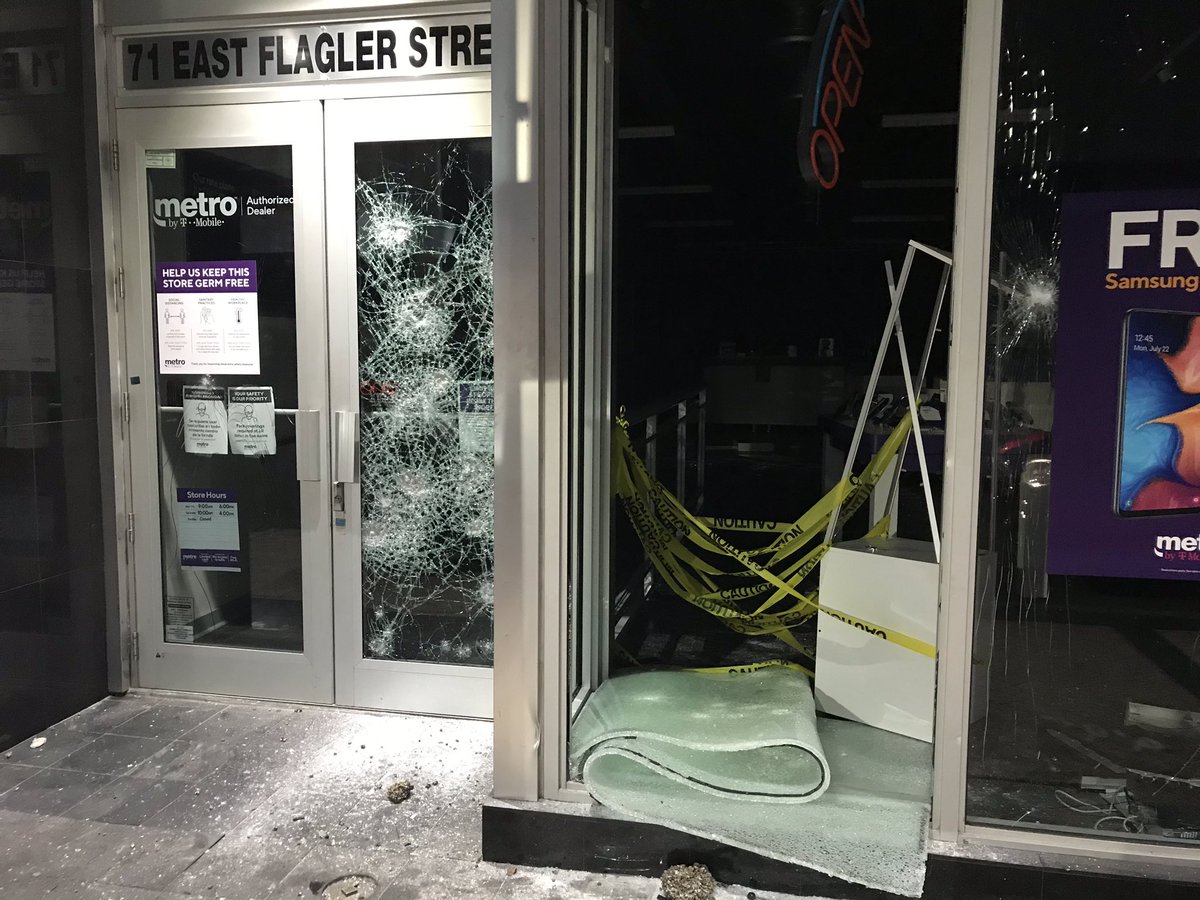Some of what's left after yesterday's protest in Downtown Miami turned violent. Charred police cars, smashed glass, and graffiti. Still, a much calmer scene this morning than the images we saw last night. 