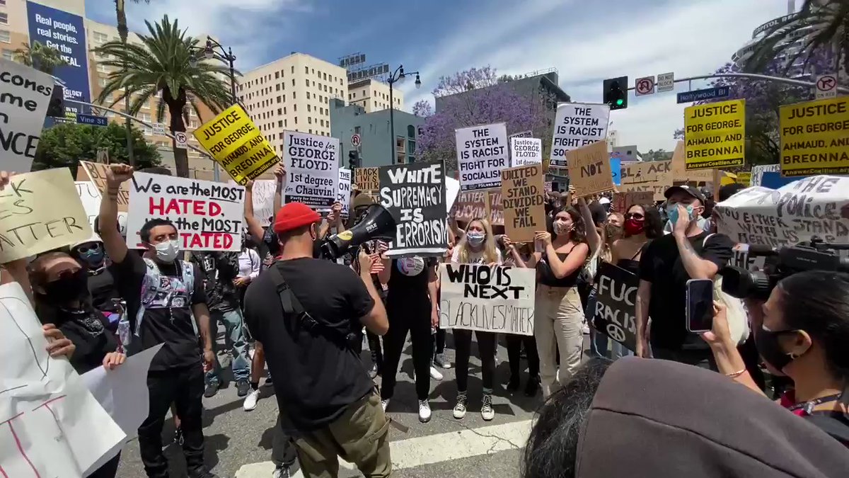 Hundreds in the middle of the street on Hollywood and Vine chanting Black lives, they matter here. 