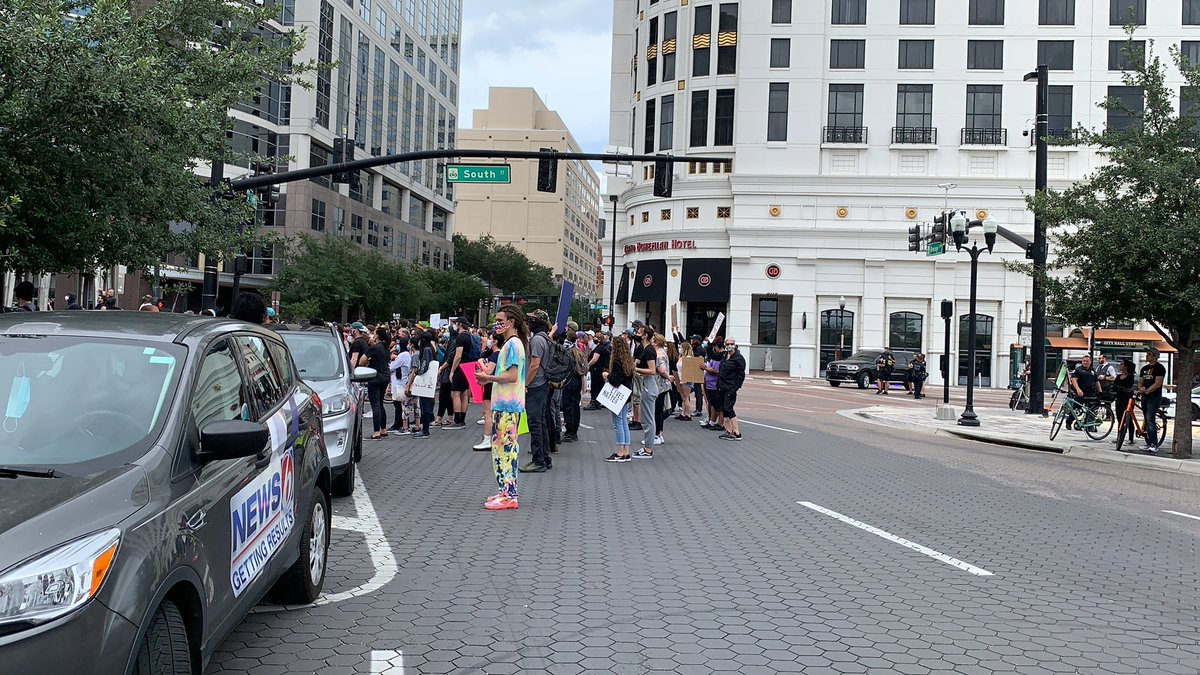 Crowd has ballooned out to the street, now. Looks like OPD has blocked traffic