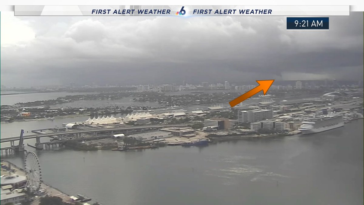 A waterspout was reported at 9:40am just off Miami Beach. camera was completely blocked by rain at that point, but pretty sure there's a waterspout seen here about twenty minutes earlier. nbc6 miamiweather