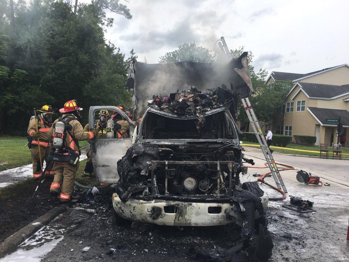 TruckFire on Blanchard Park Trail. Crews arrived on scene to find a large storage truck 50% involved. Multiple apparatus on scene. No exposures, no injuries reported