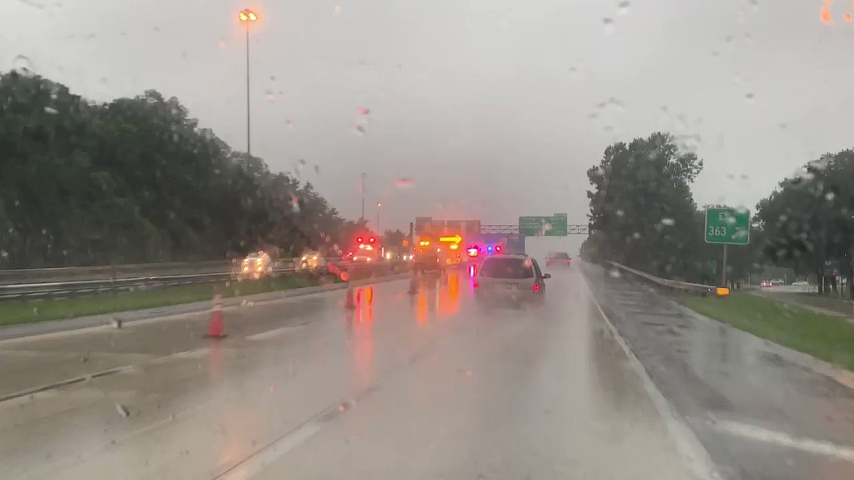 A semi truck jack knifed near i-95 south near Airport Road. @JFRDJAX is on scene. It says semi is currently leaking fuel and hazmat is on its way. 