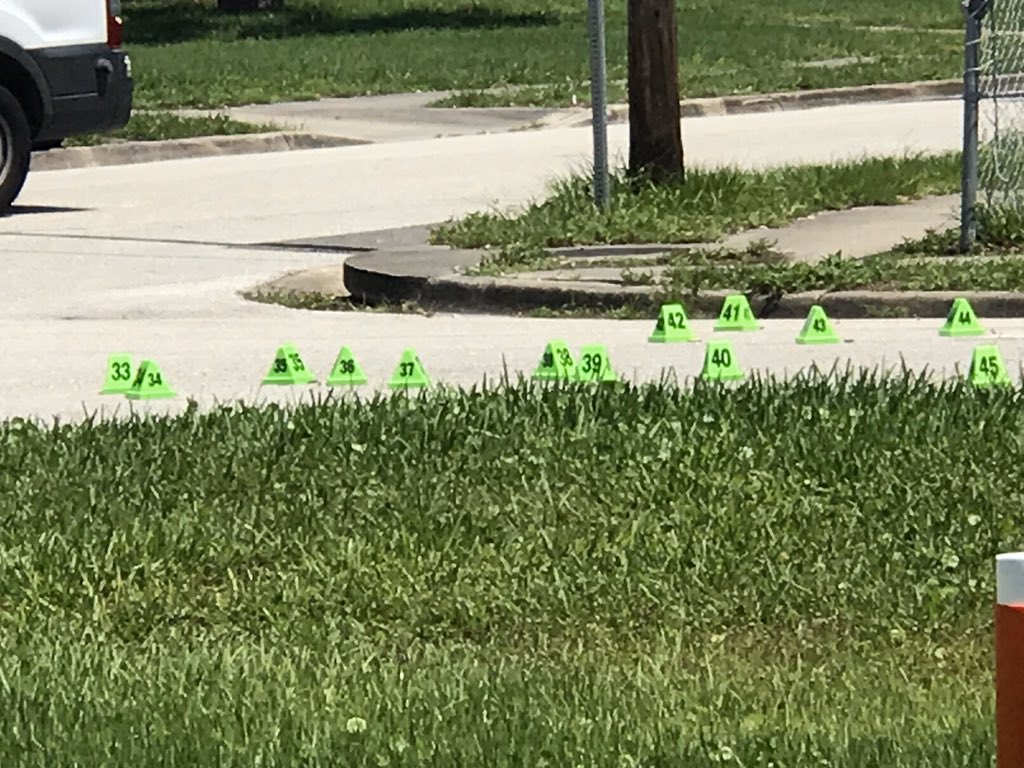 Markers indicate the 50 rounds fired during the shooting incident. @MelbournePolice tell at least two, maybe three vehicles involved in drive by. One car has bullet holes in windshield and hood. 