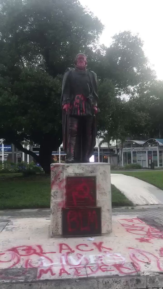 One Of Two Miami Statues Vandalized Yesterday This Of Juan Ponce De Leon Marked In Red With Symbols And A Message From Protestors Miami Florida Florida News Today On Live Map