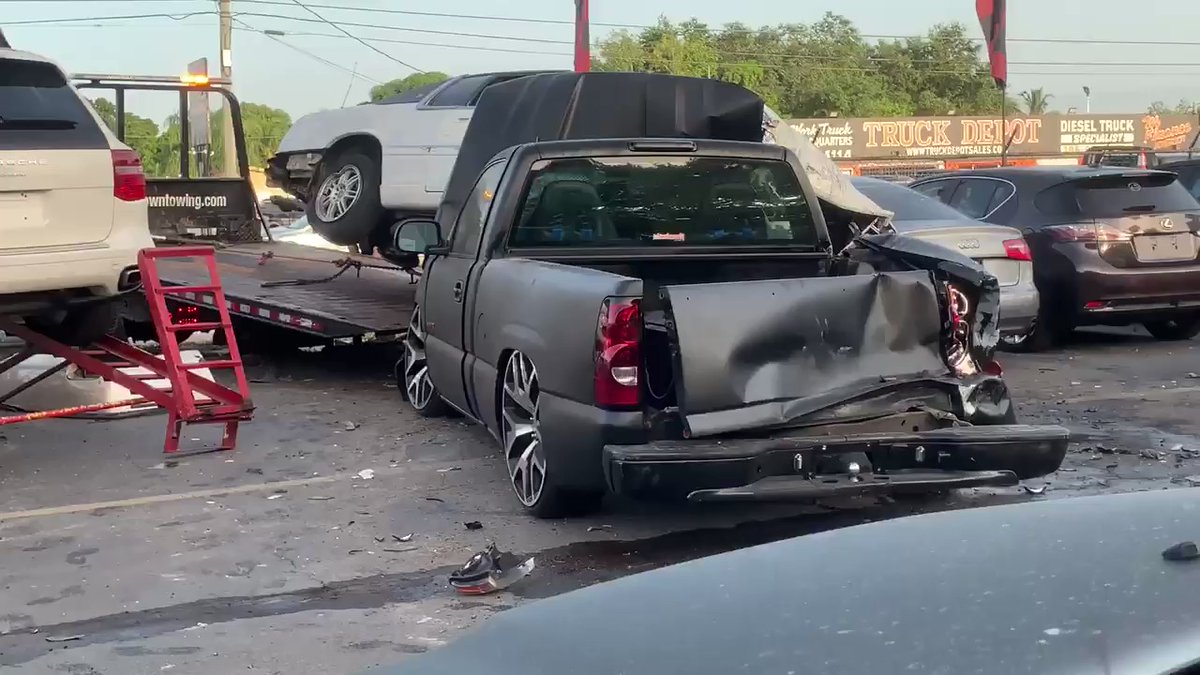 The northbound lanes of NW 27th Ave. near NW 98th St. have reopened   that the Cadillac Eldorado that crashed into a used car dealership has been towed.   the cleanup begins