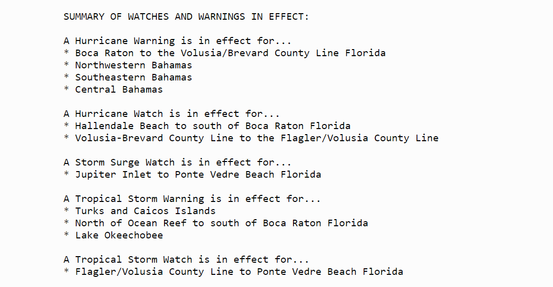 Hurricane Warning & Storm Surge  issued for parts of Florida east coast