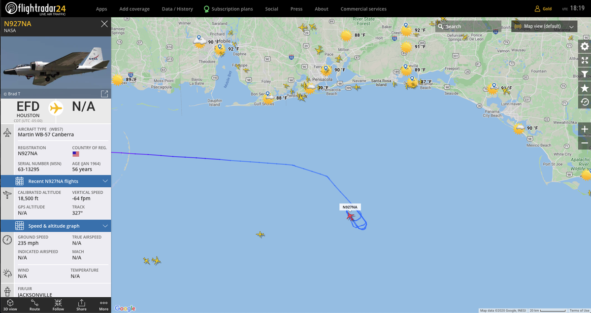 It's busy out in the Gulf south of Pensacola- recovery ship Go Navigator & NASA aircraft in the target area