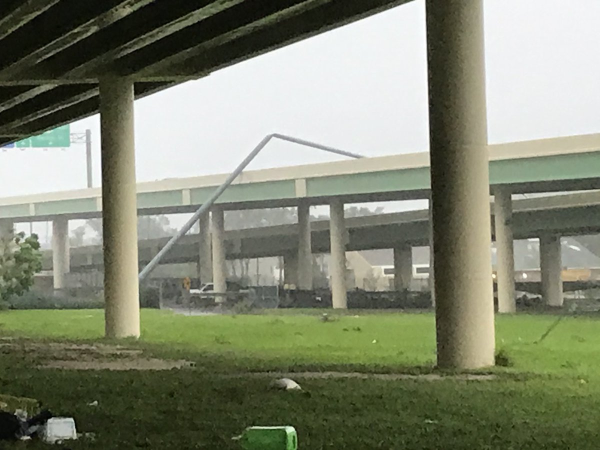 Here is another view of the massive light pole that was toppled over by HurricaneSally. The top half of it is resting over the southbound lane of I-110 in Pensacola. 
