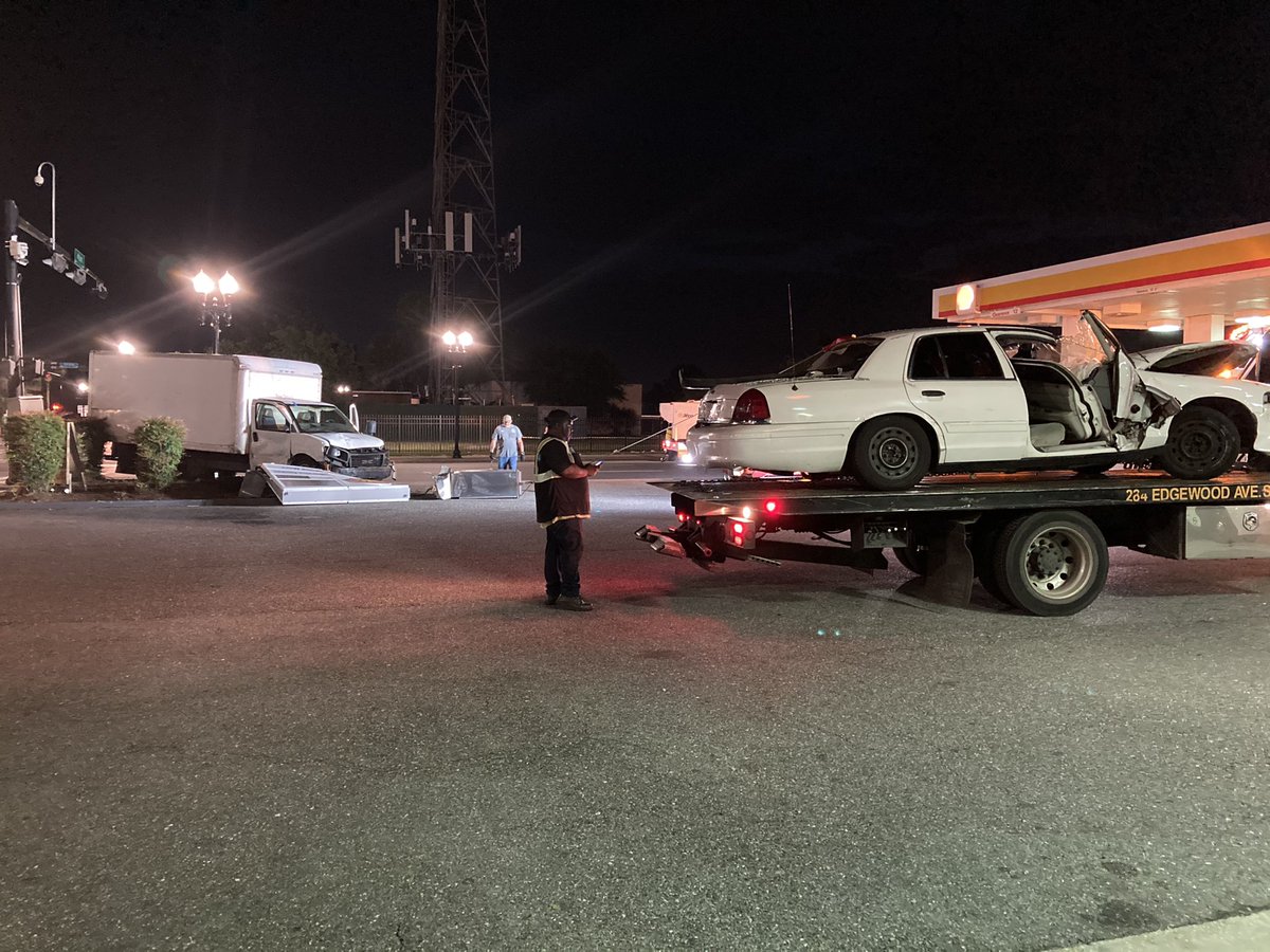 Union and Main st downtown- Box truck vs a Crown Victoria - no word on injuries - box truck ended up taking down the Shell sign and the traffic control box 