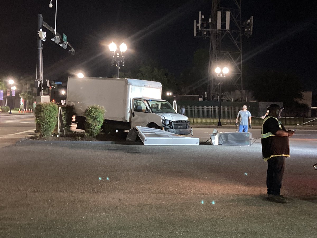 Union and Main st downtown- Box truck vs a Crown Victoria - no word on injuries - box truck ended up taking down the Shell sign and the traffic control box 