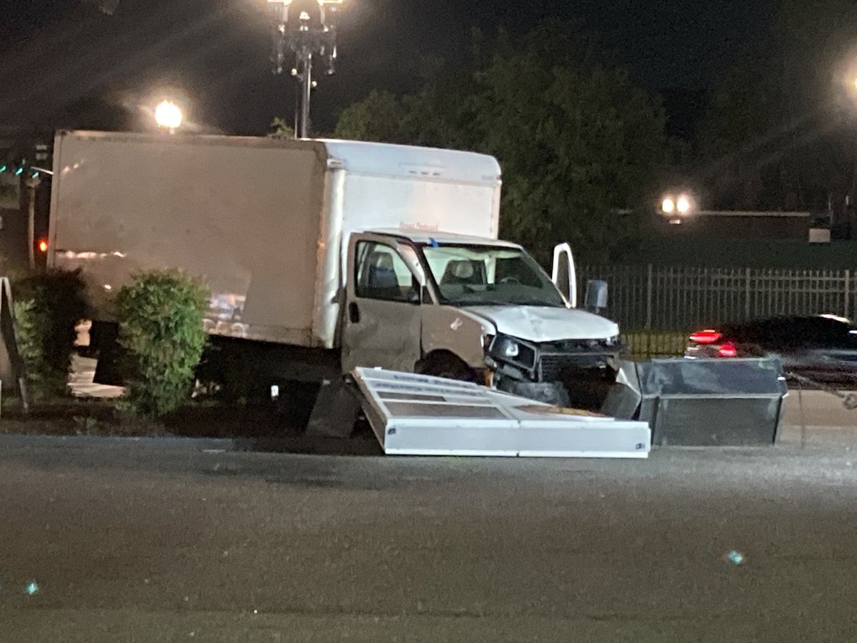 Union and Main st downtown- Box truck vs a Crown Victoria - no word on injuries - box truck ended up taking down the Shell sign and the traffic control box 