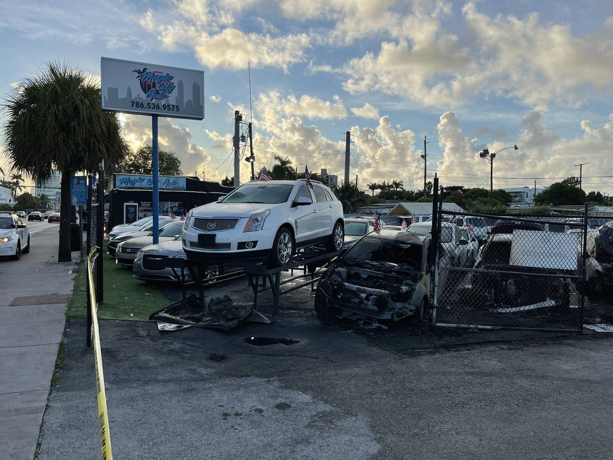 @CityofMiamiFire investigating after three cars caught fire at a used car dealership in LittleHavana overnight. Worker at Magic City Auto estimates $60,000 in damages. Firefighters trying to determine if this was arson or accidental. No injuries