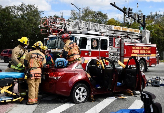 AutoAccident with entrapment: Clarcona Ocoee Rd/N Hiawassee Rd. Two vehicles, heavy entrapment and road blockage. 1 patient extricated & transported to AHAP, 2nd patient a refusal