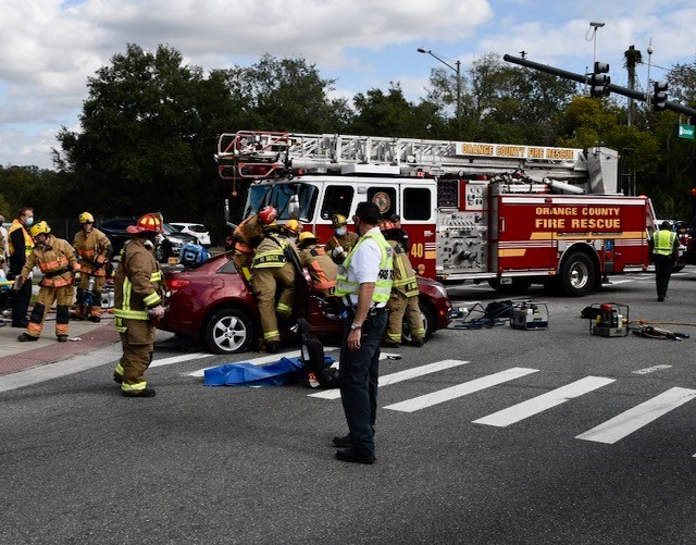 AutoAccident with entrapment: Clarcona Ocoee Rd/N Hiawassee Rd. Two vehicles, heavy entrapment and road blockage. 1 patient extricated & transported to AHAP, 2nd patient a refusal