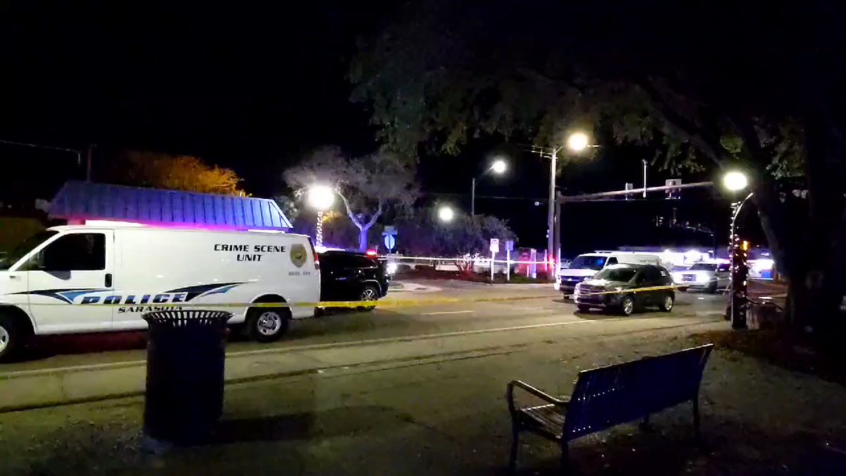 This was the scene at MLK Way & Washington Blvd/301 this morning around 3:45am, as @SarasotaPD investigated a shooting. At least one person is dead per my observation on scene.  MLK was closed, but reopened around 5:15am