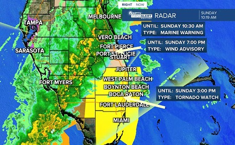 A TornadoWatch has been issued for PalmBeach  Broward and MiamiDade until 3pm. Severe weather is possible with strong damaging winds. Wind damage has been reported on the West Coast already. Impacts on the East Coast will be 11am-3pm