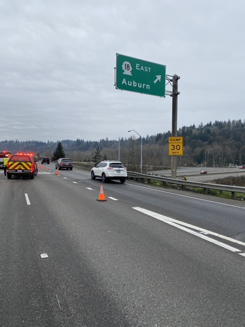 VRFA units on scene of a 2 vehicle MVC on Southbound SR-167 at the cloverleaf. The two left lanes are blocked