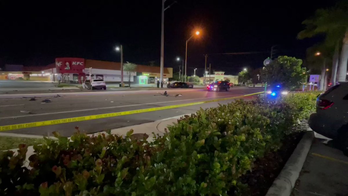 At least one person is dead after a three-car crash on NW 7th Ave & 119th St in North Miami. Cause of crash unclear. You can see several car parts scattered across the road, including a tire.